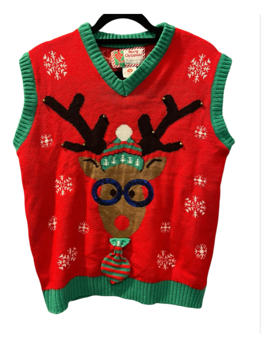 Ugly Christmas Sweater Vest Red Reindeer 3D Tie Jingle Bell Sequin Small Tacky